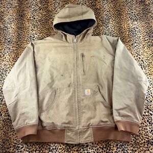 Carhartt Mens 2XL Tan Duck Canvas Hooded Full Zip Work Jacket Mesh Lined 1430